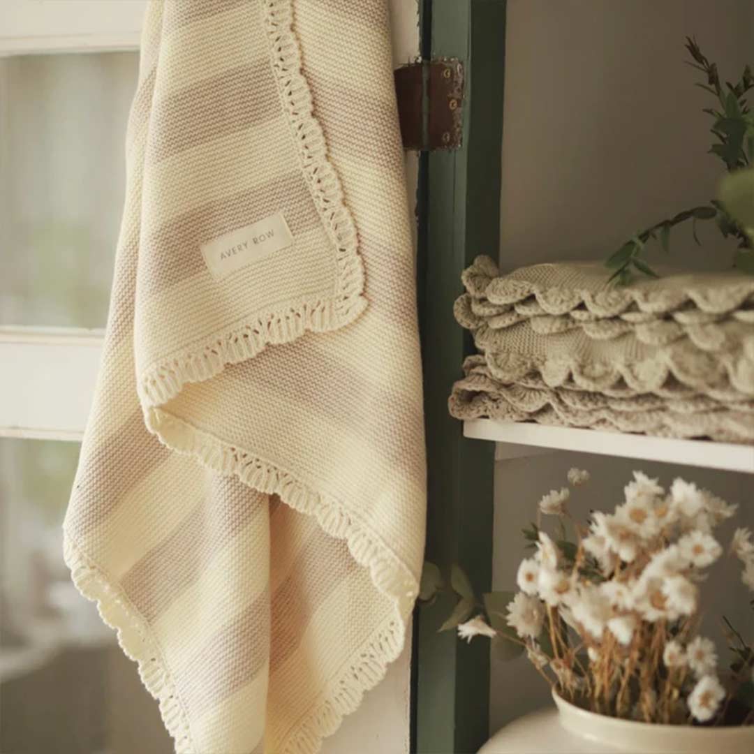 Avery Row Stripe Knit Blanket - Oat Melange-Blankets-Oat Melange- | Natural Baby Shower