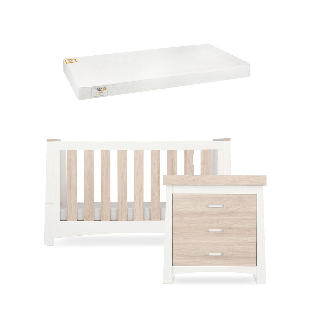 CuddleCo Ada 2 Piece Set 3-Drawer Dresser Cot Bed - White/Ash-Nursery Sets-White/Ash-White Gold Anti Allergy Pocket Sprung Cot Bed Mattress | Natural Baby Shower