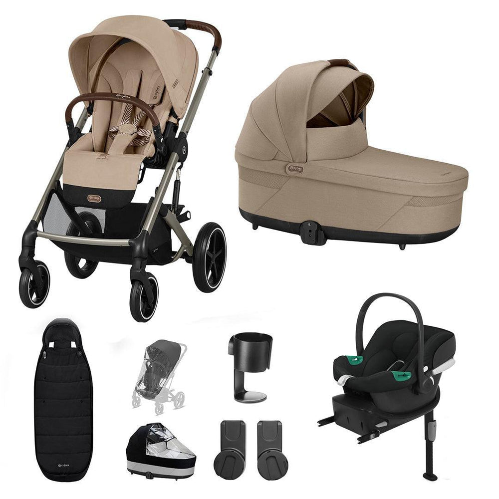 CYBEX Balios S Lux + Aton B2 Travel System-Travel Systems-Almond Beige-Gold Footmuff | Natural Baby Shower