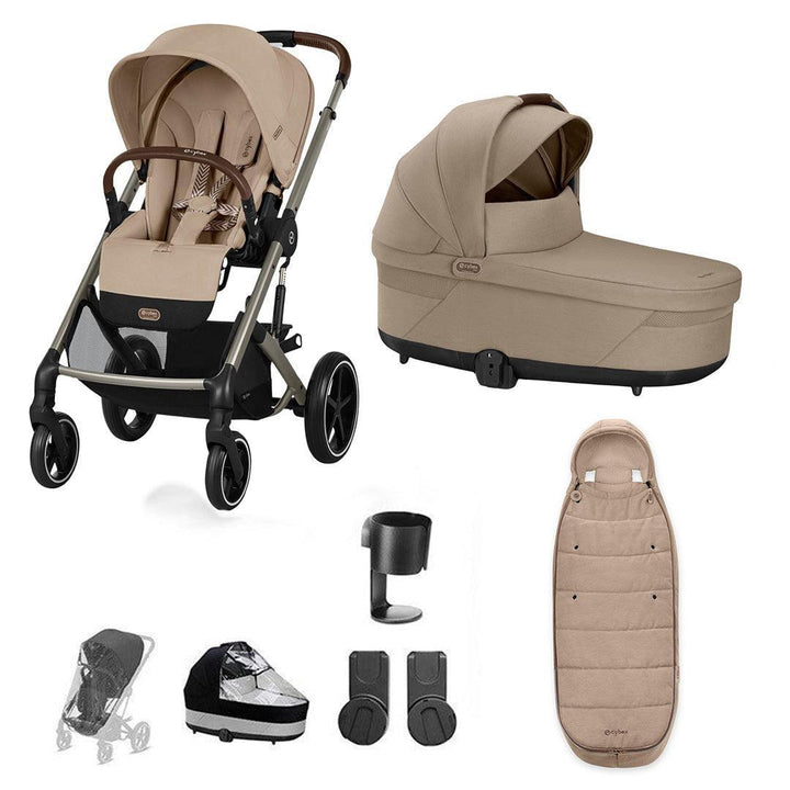 CYBEX Balios S Lux Essential Pushchair Bundle-Stroller Bundles-Almond Beige-Gold Footmuff | Natural Baby Shower