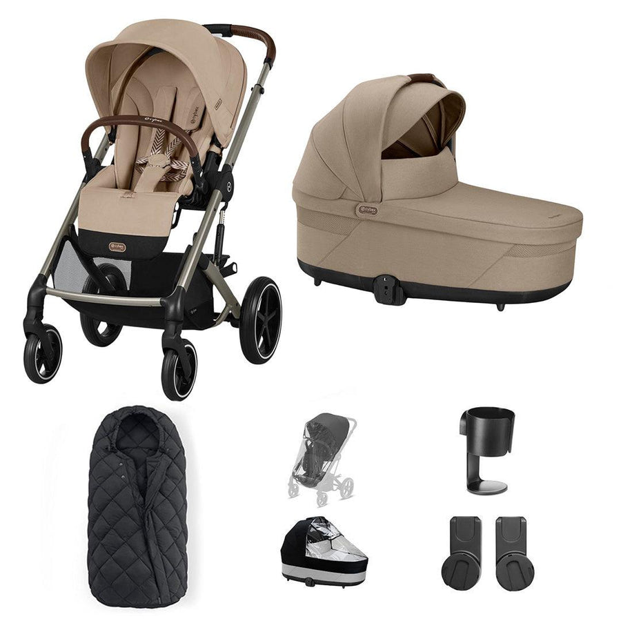 CYBEX Balios S Lux Essential Pushchair Bundle-Stroller Bundles-Almond Beige-SNOGGA Footmuff | Natural Baby Shower