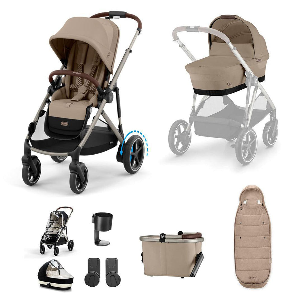 CYBEX e-Gazelle S Essential Pushchair Bundle-Stroller Bundles-Almond Beige-Gold Footmuff | Natural Baby Shower