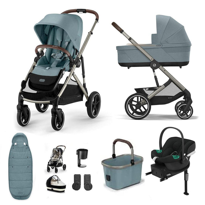 CYBEX Gazelle S + Aton B2 Travel System-Travel Systems-Stormy Blue-Gold Footmuff | Natural Baby Shower