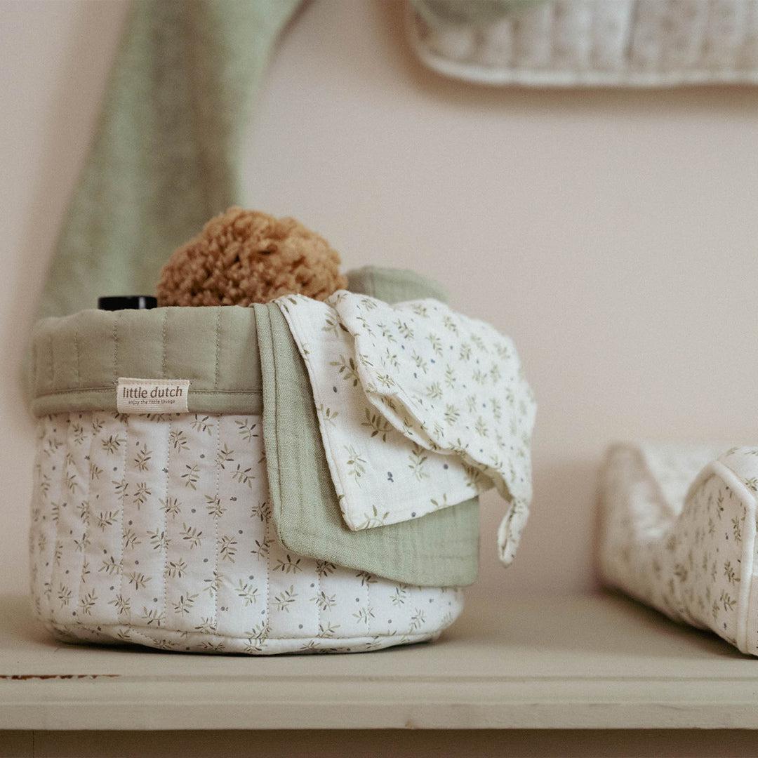 Little Dutch Quilted Storage Basket - Small - Blueberry Leaves-Storage Baskets-Blueberry Leaves-Ø30x25cm | Natural Baby Shower