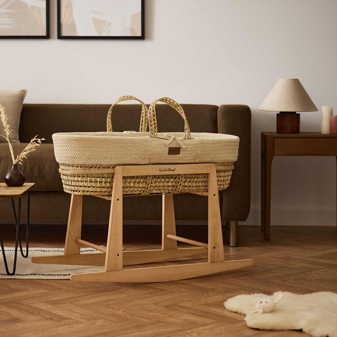 The Little Green Sheep Organic Wheat Knit Moses Basket + Mattress - Linen-Moses Baskets- | Natural Baby Shower