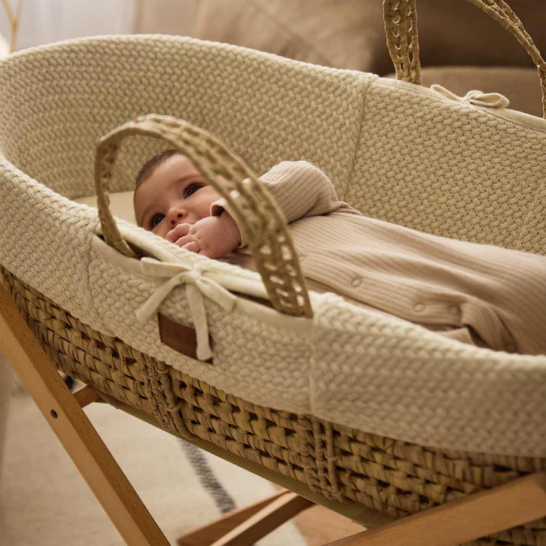 The Little Green Sheep Organic Wheat Knit Moses Basket + Mattress - Linen-Moses Baskets- | Natural Baby Shower