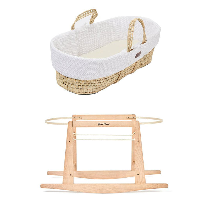 The Little Green Sheep Organic Wheat Knit Moses Basket + Mattress - White-Moses Baskets-White-Rocking Stand | Natural Baby Shower