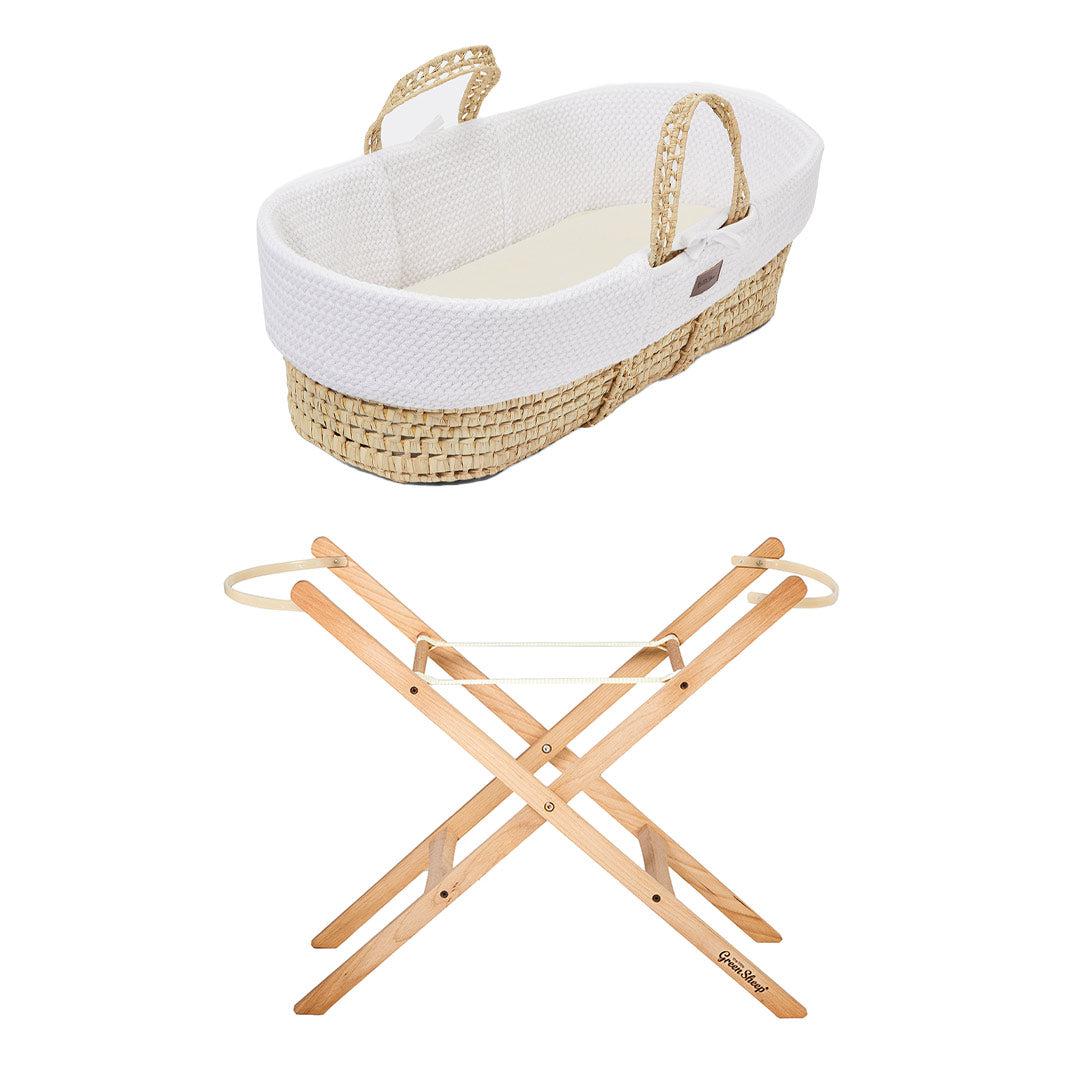 The Little Green Sheep Organic Wheat Knit Moses Basket + Mattress - White-Moses Baskets-White-Static Stand | Natural Baby Shower