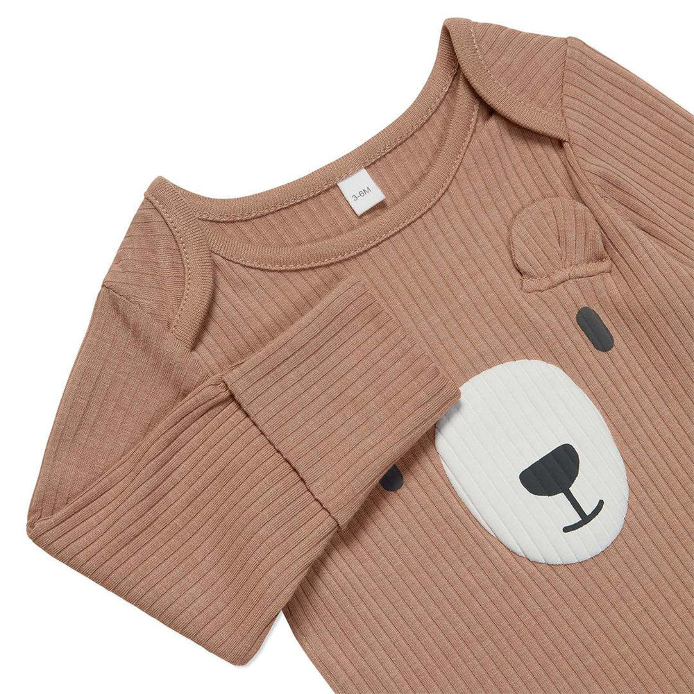 MORI Ribbed Bear Face Long Sleeve Bodysuit - Bear + Brown-Bodysuits- | Natural Baby Shower