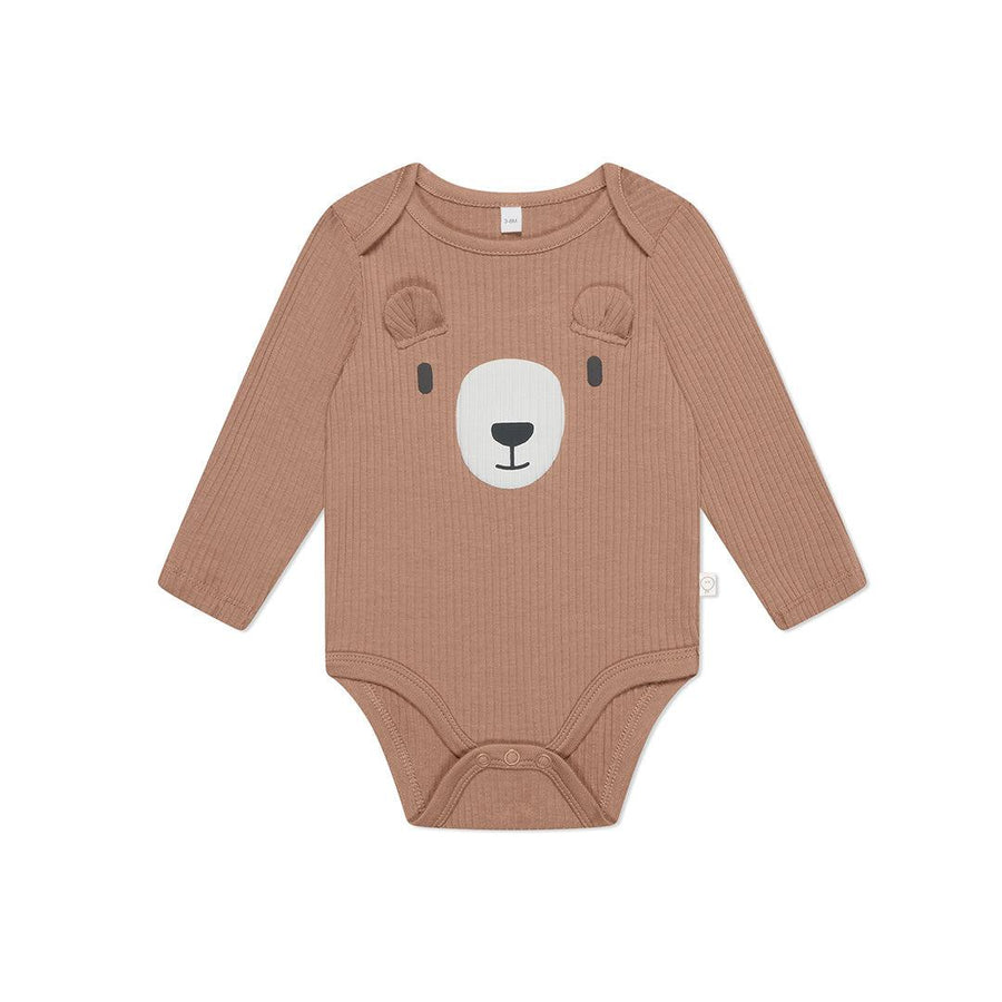 MORI Ribbed Bear Face Long Sleeve Bodysuit - Bear + Brown-Bodysuits- | Natural Baby Shower