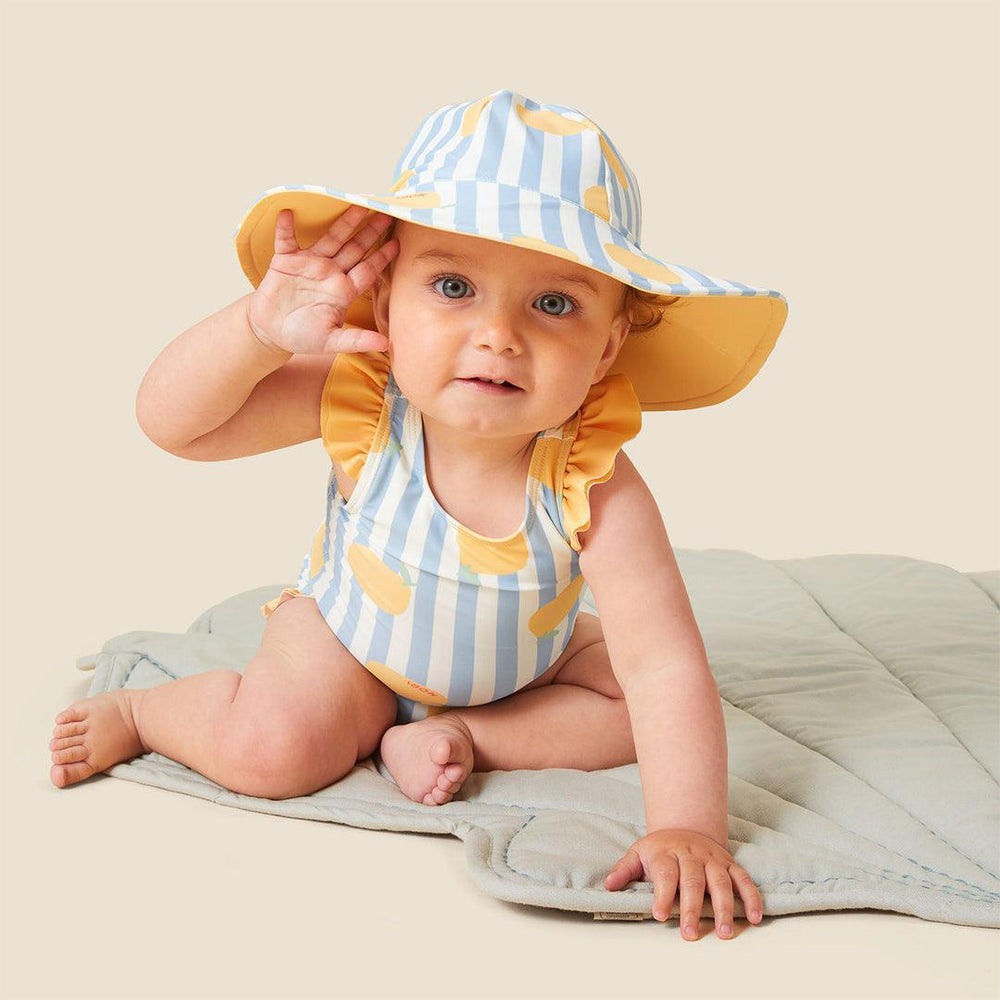 MORI Lemon Floppy Sunsafe Hat with Strap - Lemon & Blue Stripe-Hats-Lemon & Blue Stripe-1 - 3 Y | Natural Baby Shower