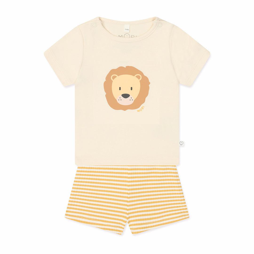 MORI Lion T-Shirt & Stripe Ribbed Shorts - Panda Cream-Pyjamas-Panda Cream-9 - 12 M | Natural Baby Shower