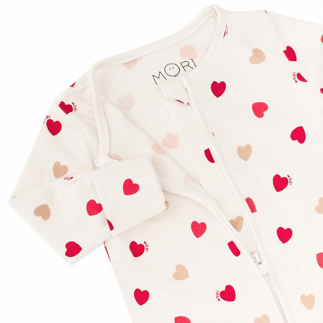 MORI Loveheart Two Way Zip-Up Sleepsuit - Hearts & Cream-Sleepsuits-Hearts & Cream-Newborn | Natural Baby Shower