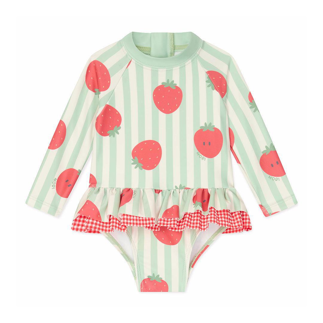 MORI Stripe Frill Long Sleeve Swimsuit - Strawberry & Green Stripe-Swimsuits-Strawberry & Green Stripe-12 - 18 M | Natural Baby Shower