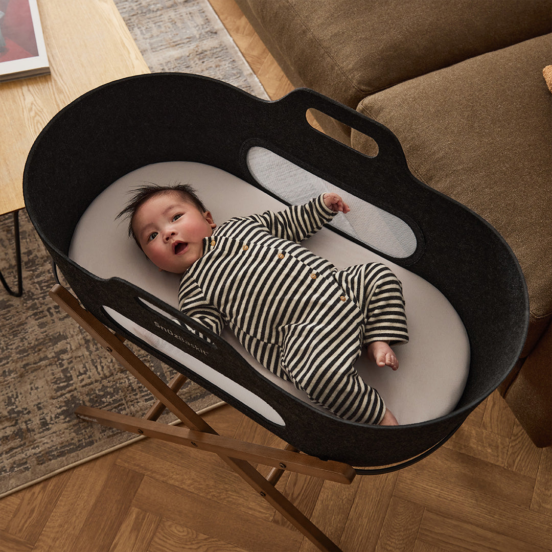 SnuzBaskit  Graphite Moses Basket + Walnut Stand - Graphite / Walnut