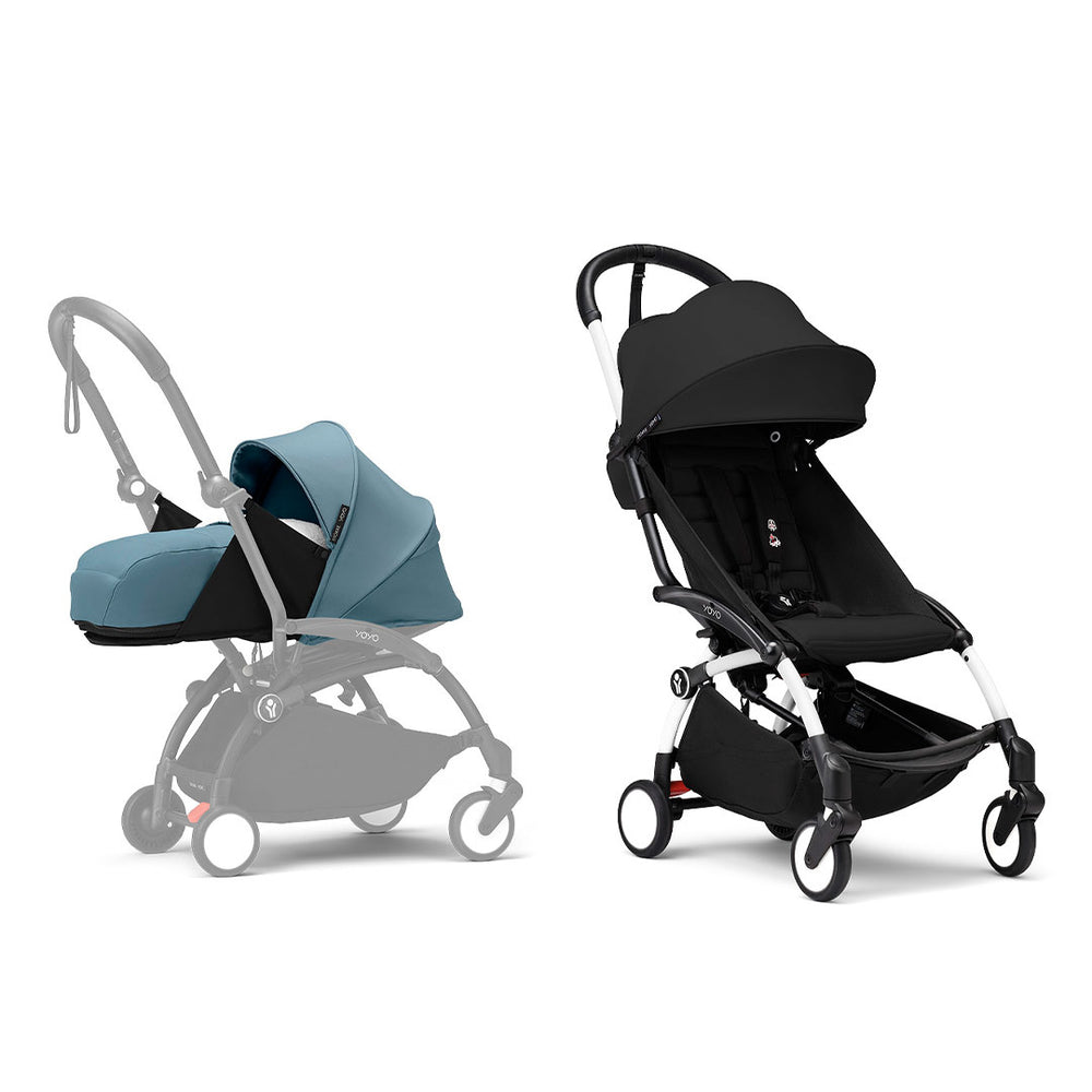 Stokke YOYO3 stroller from newborn to toddler - White Frame-Strollers-Black-Aqua | Natural Baby Shower