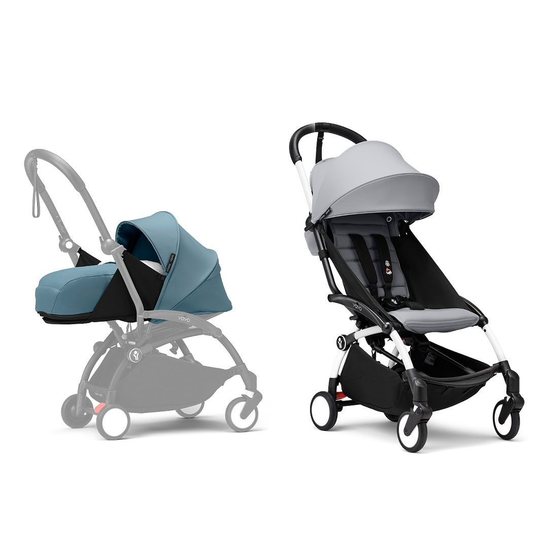 Stokke YOYO3 stroller from newborn to toddler - White Frame-Strollers-Stone-Aqua | Natural Baby Shower